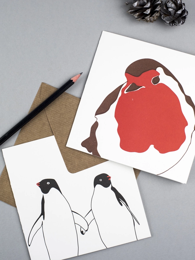 Letterpress printed robin and penguins in love cards perfect for Christmas, weddings, anniversaries 