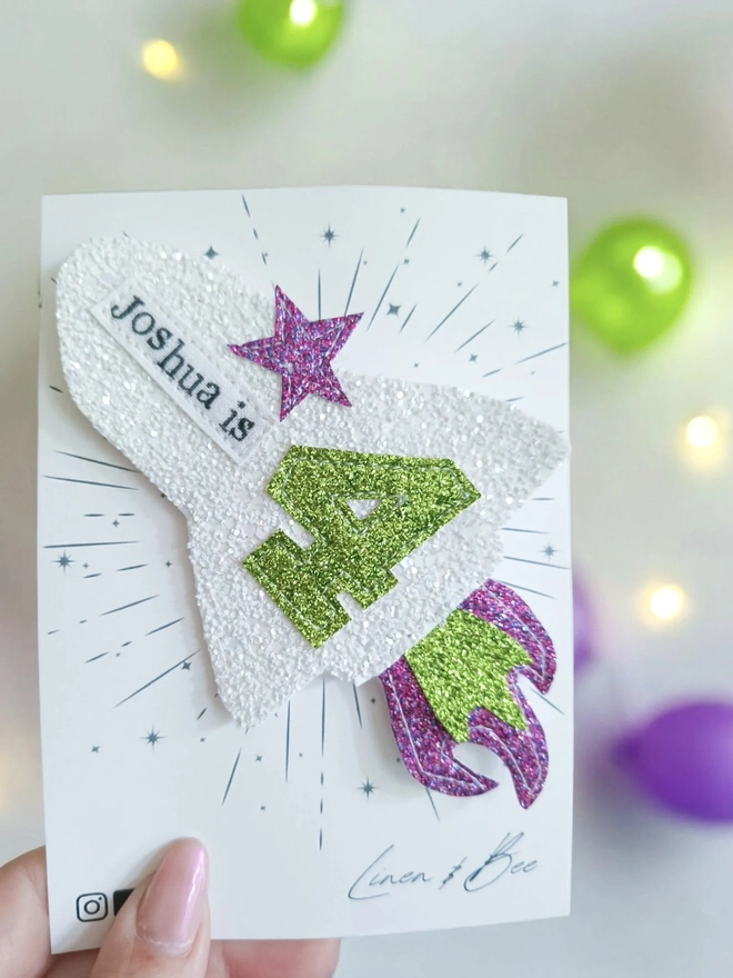 Personalised Rocket Glitter Birthday Badge