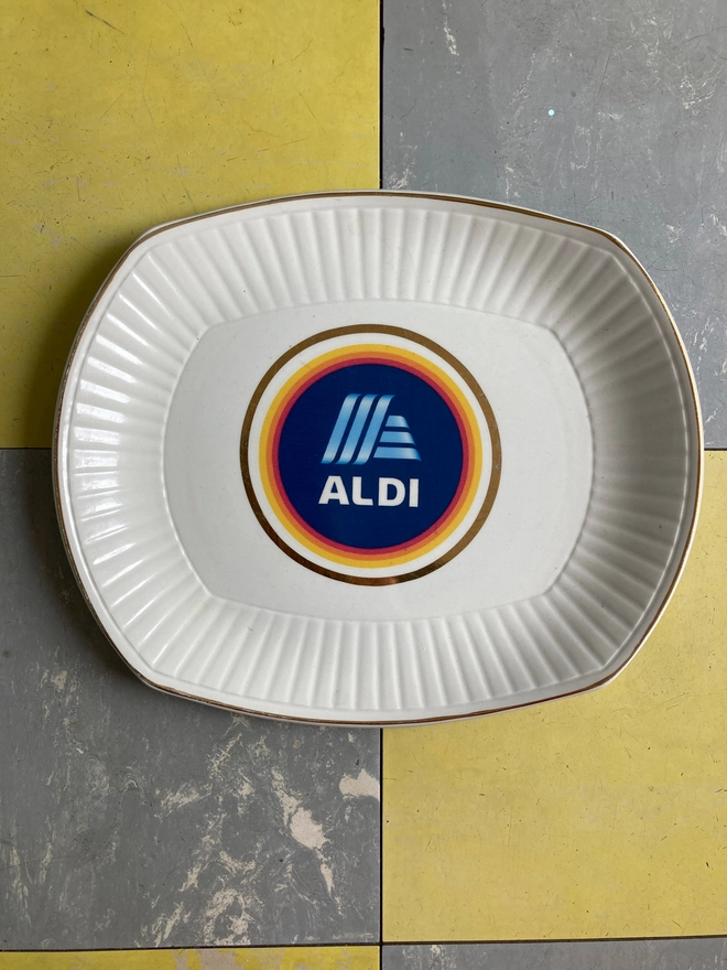 Aldi, vintage china plate, vintage plate, vintage Aldi plate, hand printed plate, unique gift, original, original gift, middle aisle, hand printed, cool