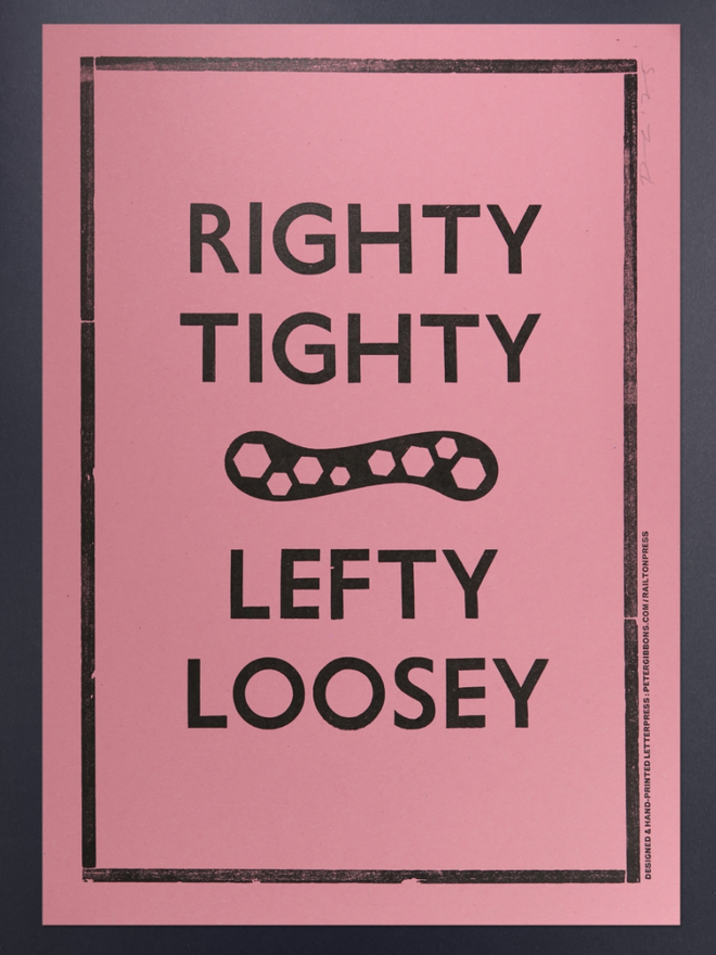 Righty Tighty Print. A print with a pink background and simple black lettering.