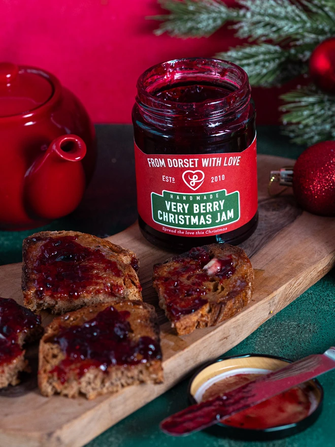 Jam with toast by the Christmas tree