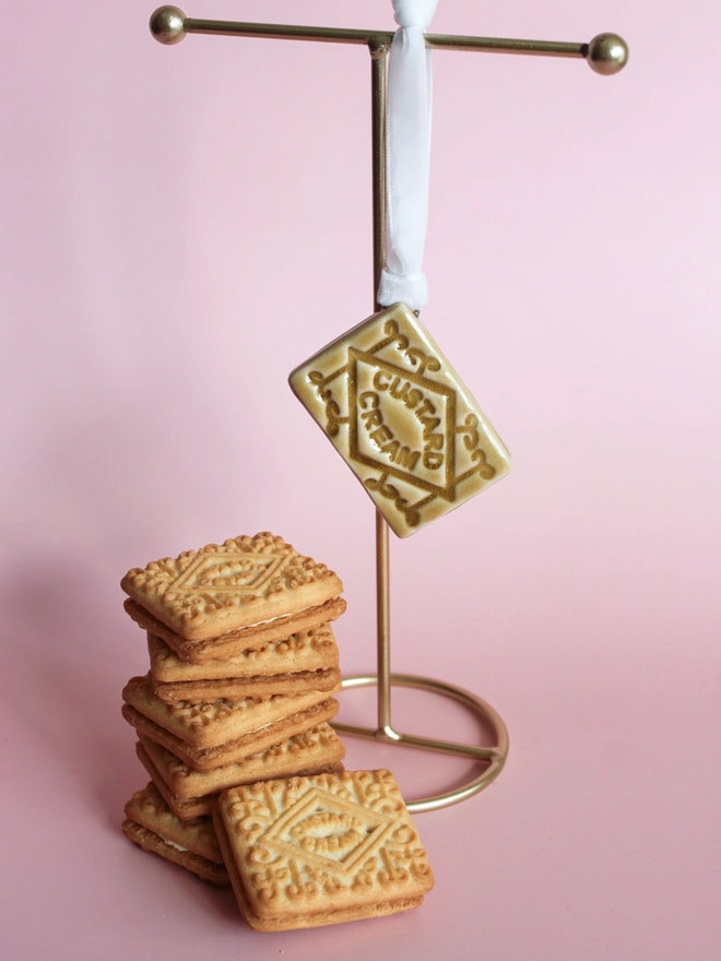 Ceramic biscuit Custard Cream Christmas tree decorations