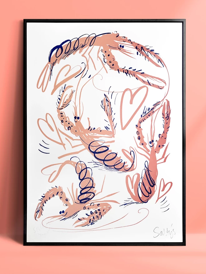 Four pink cartoon langoustine are flung into a frenzied swirl, with hearts and scribbles making this a joyful scene, screenprinted in pink with blue accents. In a thin black frame, resting against a pink backdrop.