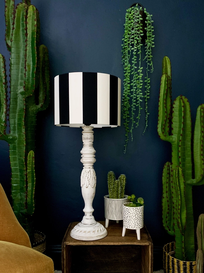 Beetlejuice monochrome striped lampshade on a white table lamp