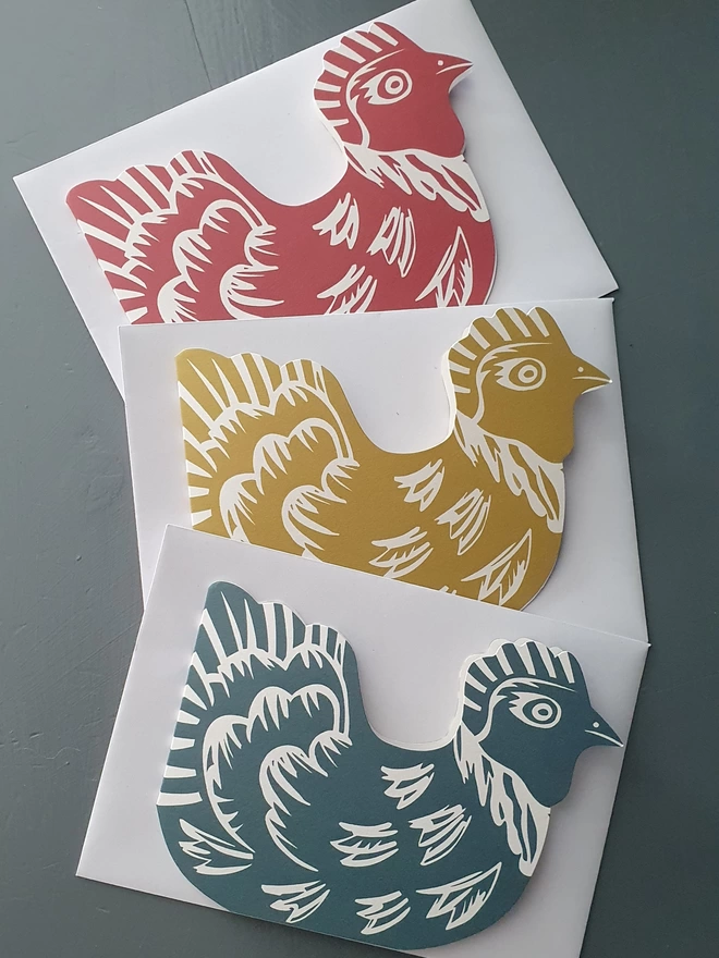 3 hen greeting cards with envelopes in 3 colours