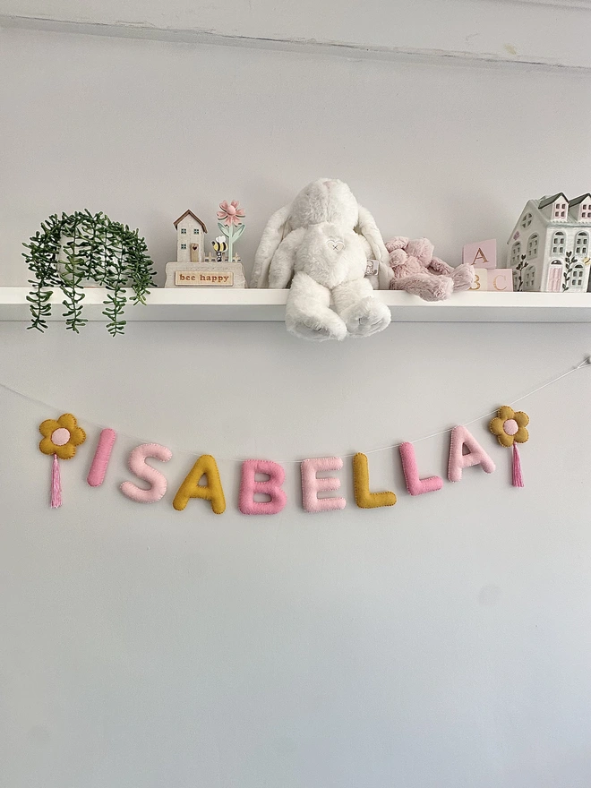 Personalised Name Garland with Tassled flower, baby gift , felt banner, kids room decor, n