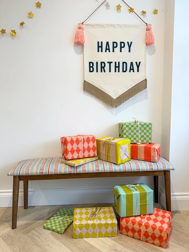 Large Handmade Fabric Happy Birthday Banner with Tassels and Gold trim