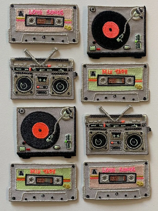 Embroidered iron on fabric patches ,record player, boombox and cassette tapes 