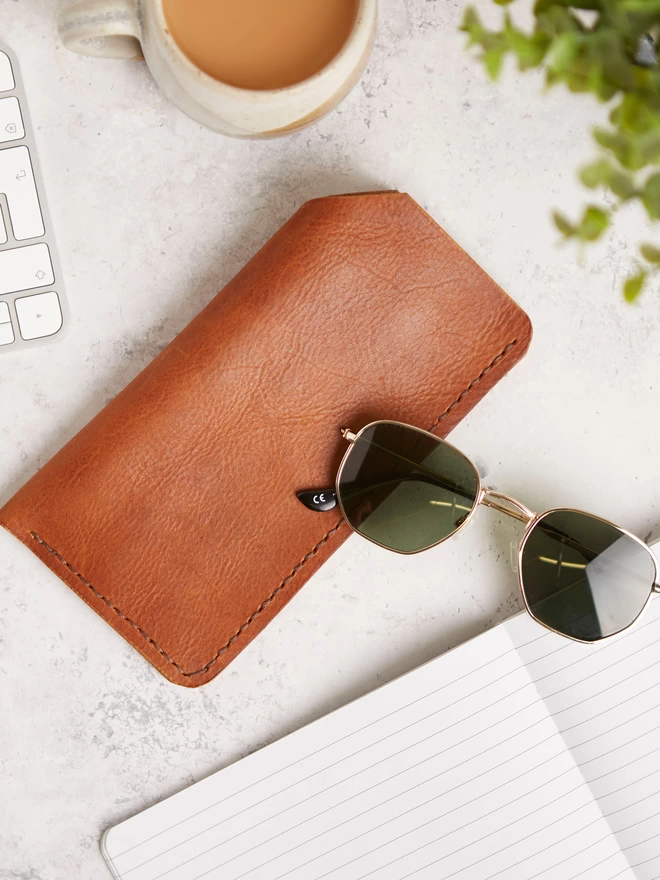 Handmade leather glasses case in tan