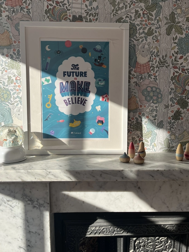 Colourful poster on mantlepiece in nursery kids room