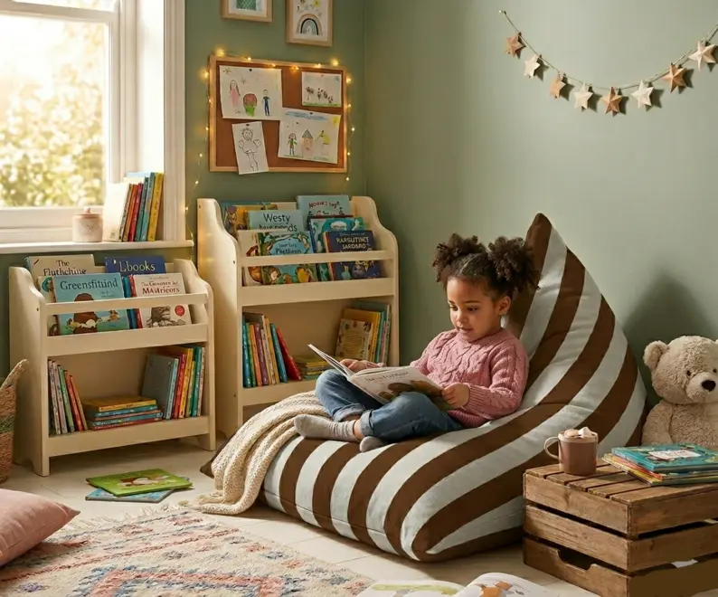 small child comfortably sitting on soft linen bean bag chair with bold stripe print reading a book in a cosy corner of bedroom