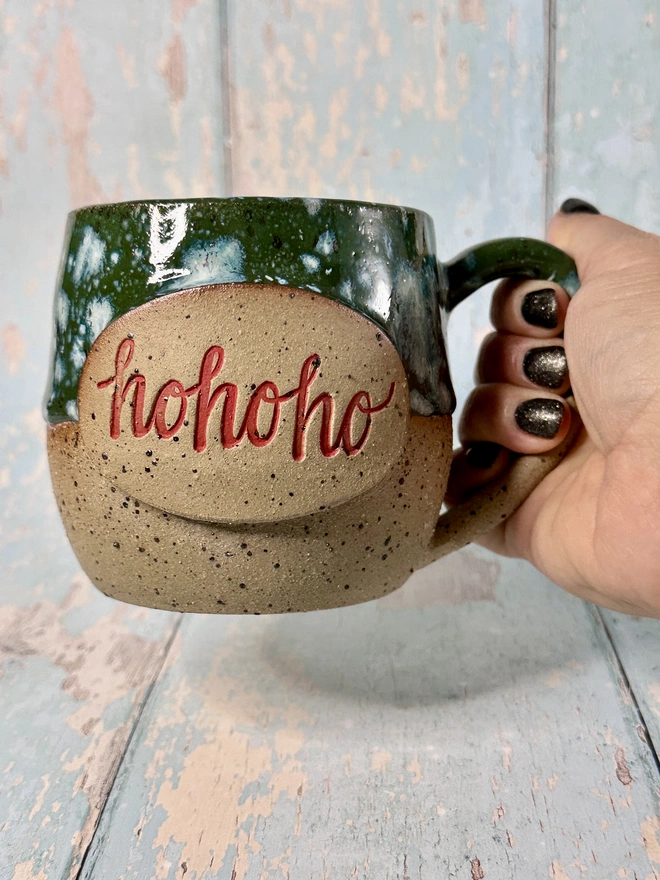 Green Christmas Ho ho ho Mug, Handmade Ceramic Cup 