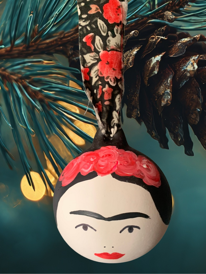 Frida Kahlo ceramic bauble hand painted Christmas 
