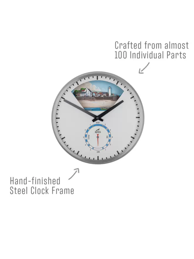 Infographic of a Bramwell Brown Tide clock in a cloudy grey surround, detailing that the clock is crafted from almost 100 individual parts and assembled into a hand-finished steel clock frame