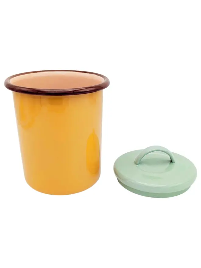 Enamel Storage Jar, a colourful enamel storage jar sitting on a plain white surface. 