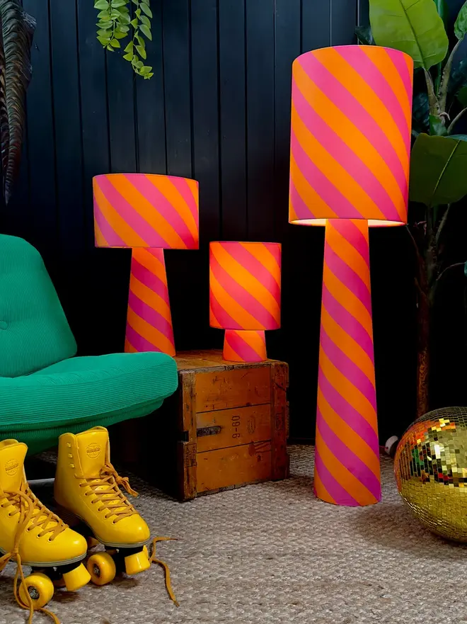 Portable Helter Skelter Velvet Lamps, in a room. 