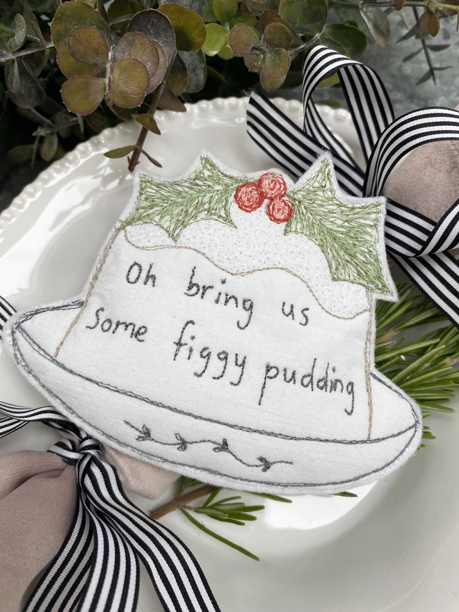 figgy pudding embroidered christmas decoration