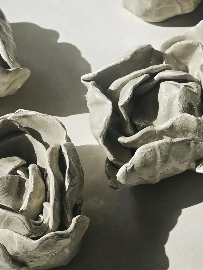 Handmade ceramic flower wall decor hand-sculpted pottery sage gray glaze elegant botanical wall art natural home