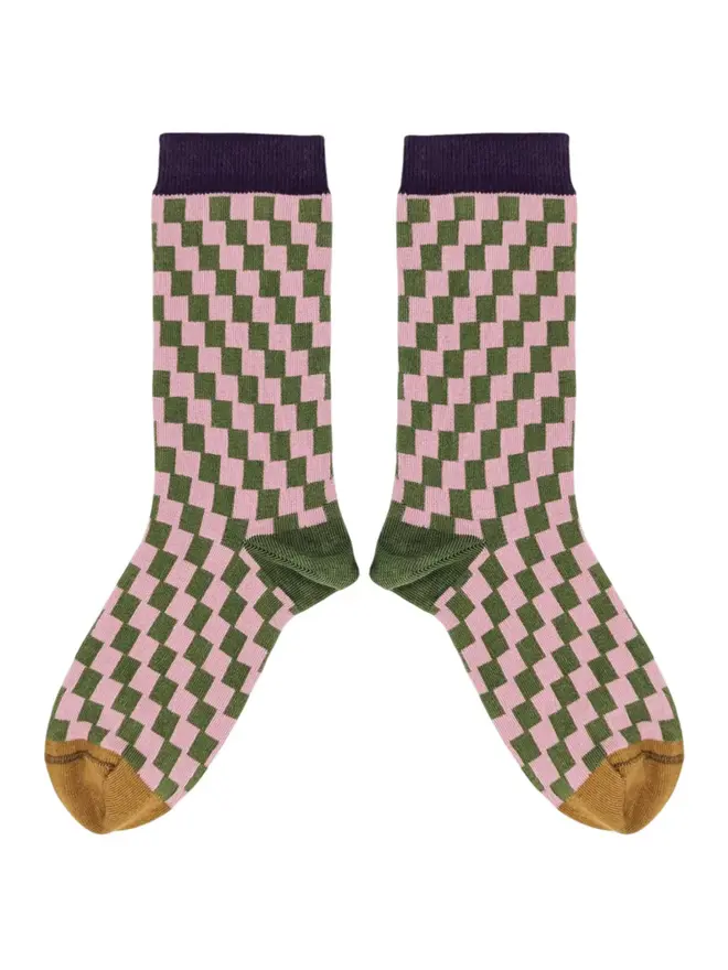 Women's Check Organic Cotten Ankle Socks, a pair of colourful patterned socks sitting on a plain white surface. 