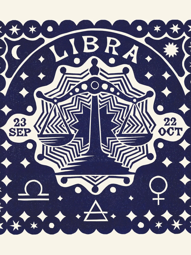 libra zodiac linocut. a linocut set of scales and zodiac symbols printed on a blue background.