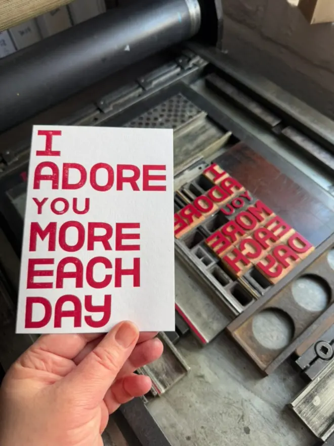 I adore you more each day - letterpress red card