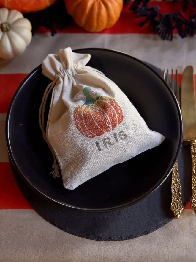 Personalised pumpkin stamped Halloween treat bag