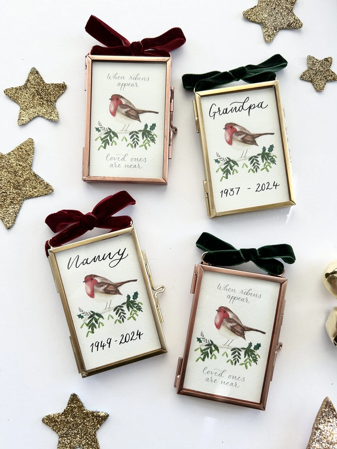 Mini Personalised Memorial Frame Christmas Tree Decoration with Calligraphy and Robin Illustration