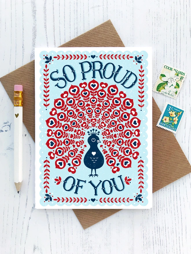 proud of you peacock card in red white and blue