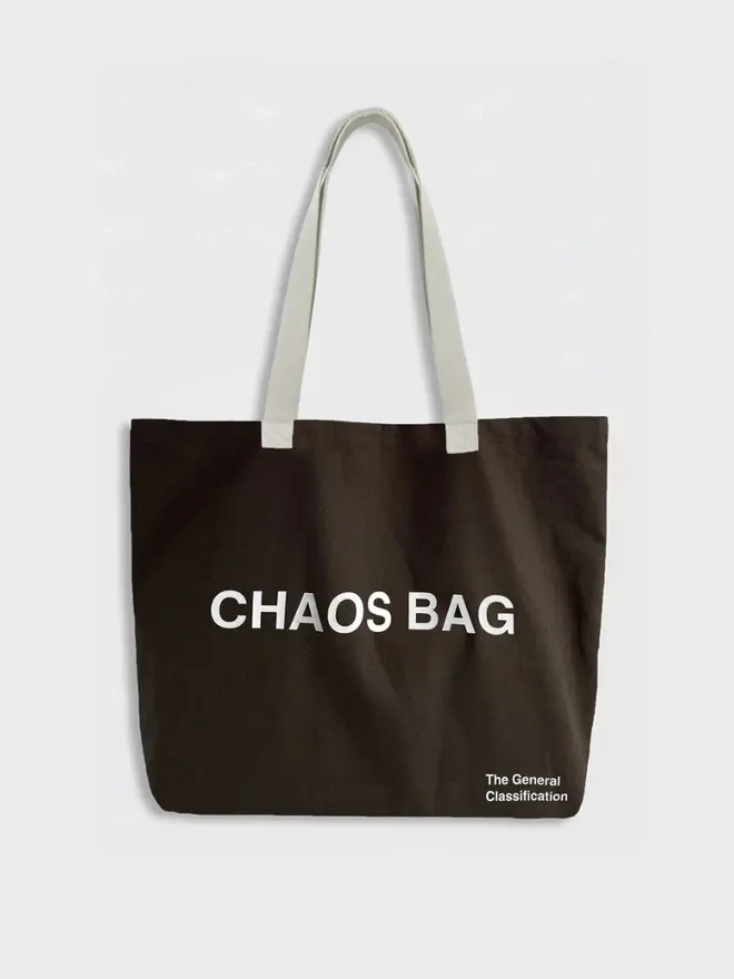 'Chaos' Tote Bag, against a grey background. 