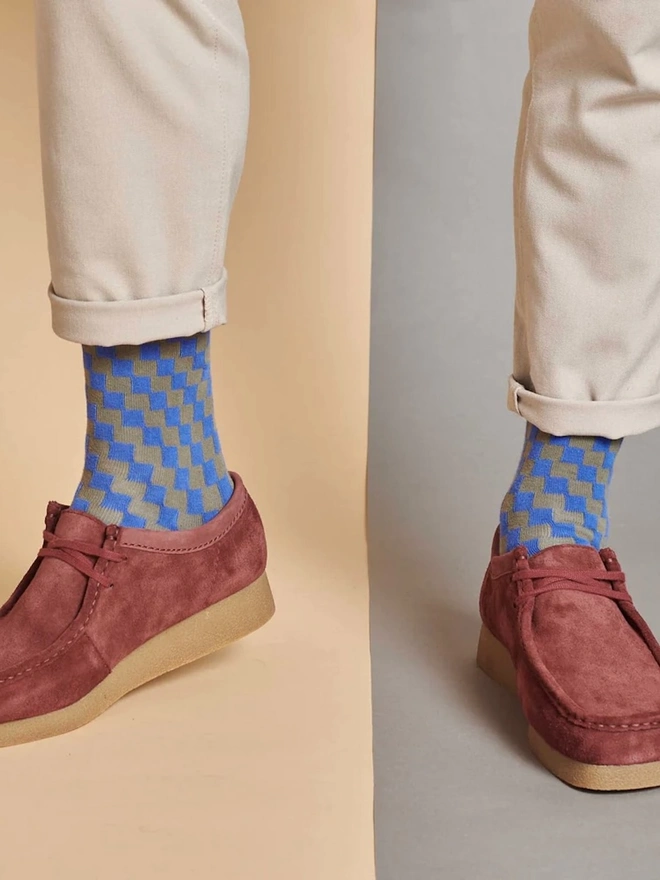 Men's Check Organic Cotten Ankle Socks, a man wearing a pair of colourful patterned socks