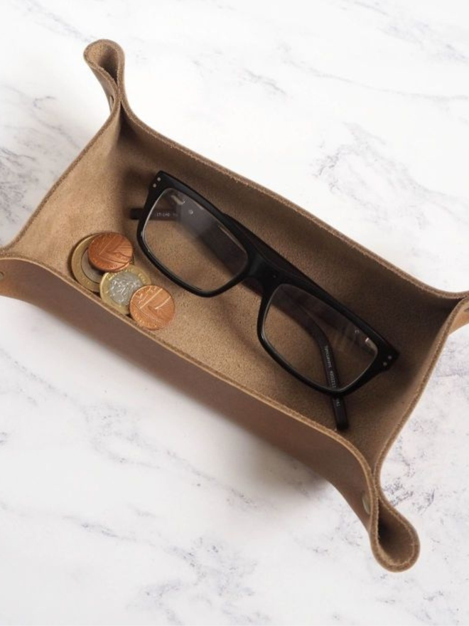 handmade initialed leather coin tray