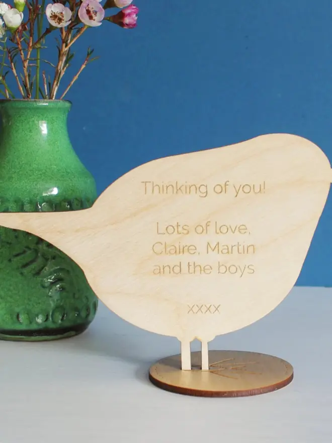 standing hand painted wooden bird personalised with message