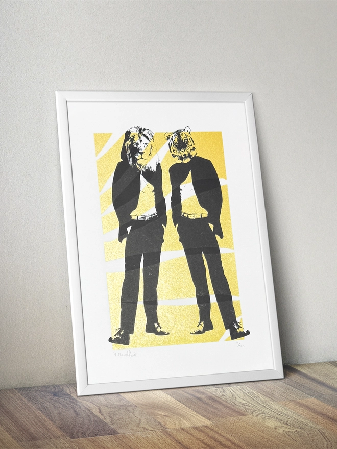 Golden Cats - Screen Printed Poster - A4 Size - mock up in a frame