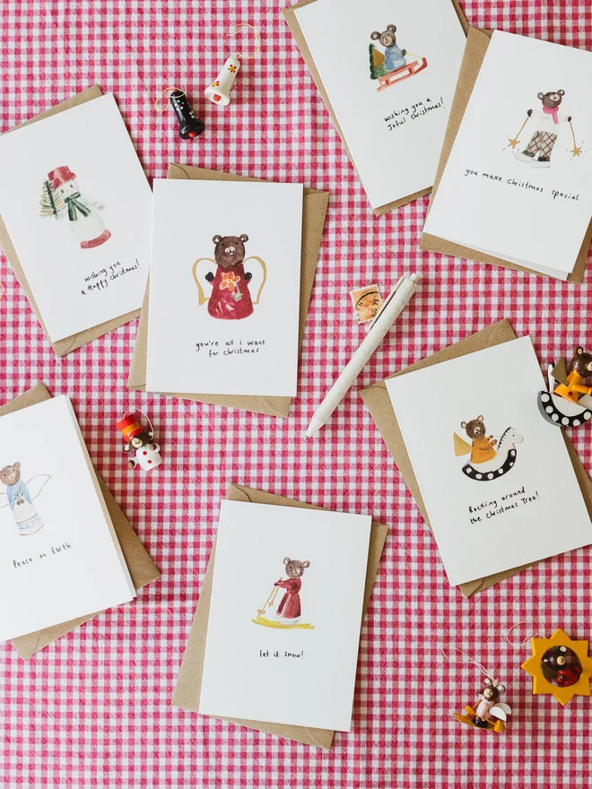 Set of 7 Illustrated Watercolour Christmas Cards Featuring Gold Foiling Details to subtle areas of the Festive Characters	