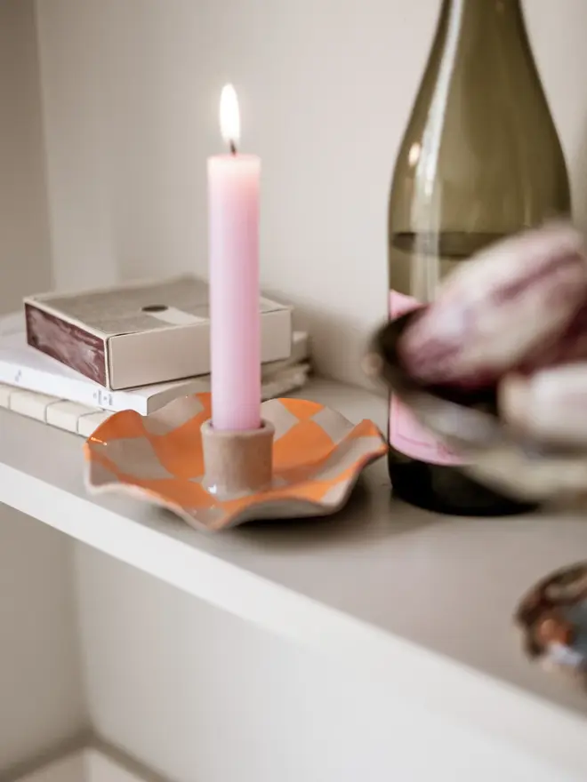 Orange Checked Scalloped Candle Holder
