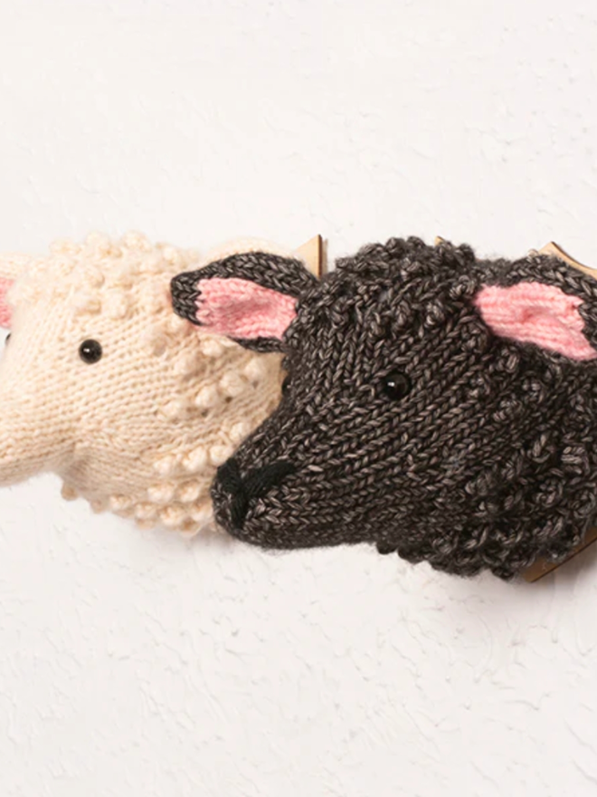 Mini Sheep Head Knitting Kit. A black knitted sheep kit.