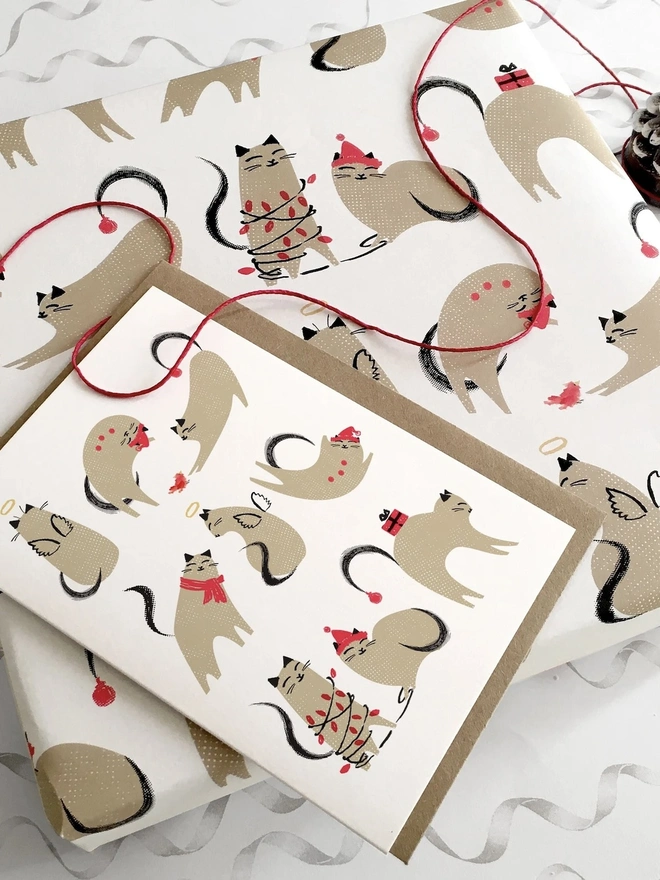 Angels And Elves Cat Christmas Card And Gift Wrap Bundle