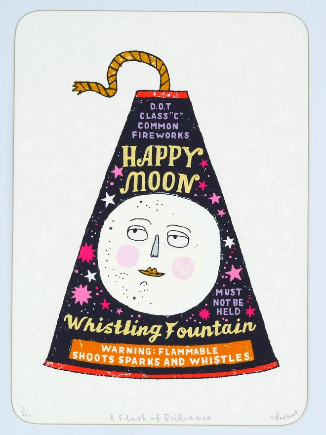 Sun And Moon Firework Screenprint Duo, a pair of colourful firework designs in the centre of white card. 