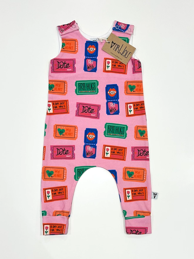 Valentines baby romper in love tokens print fun baby romper colourful and bright