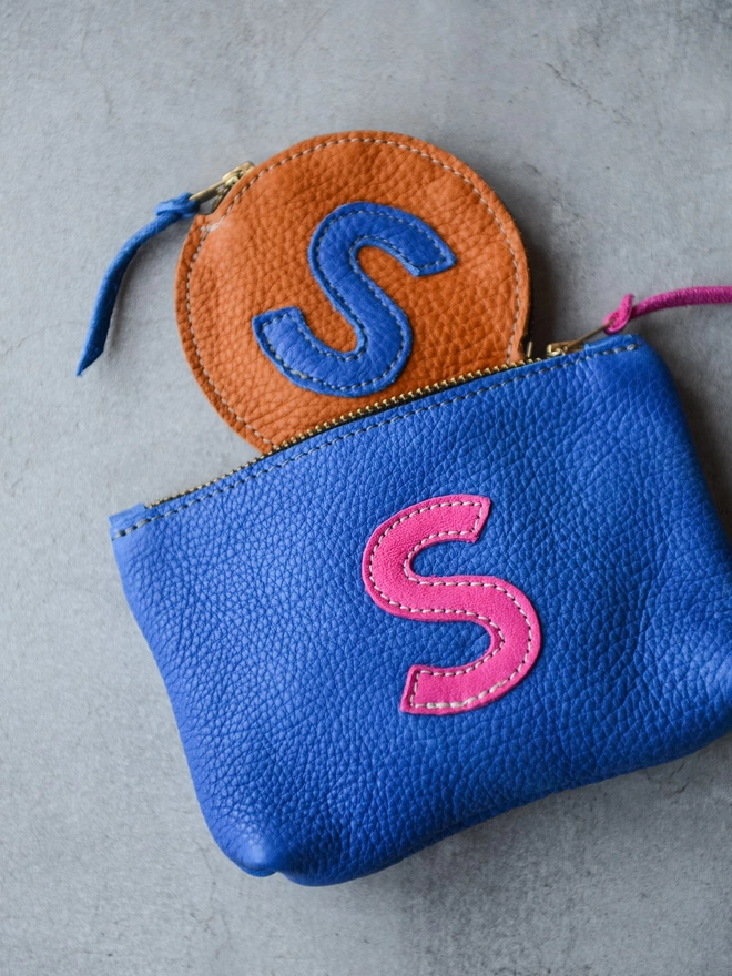 Colbalt Blue Leather Personalised Initial Pouch