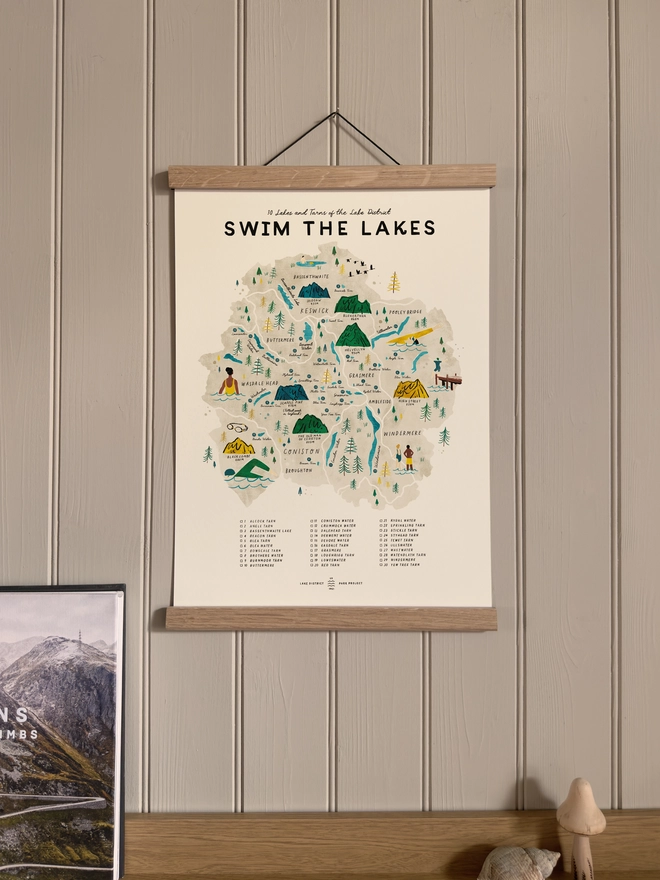 Swim the Lakes map print framed on a panelled wall