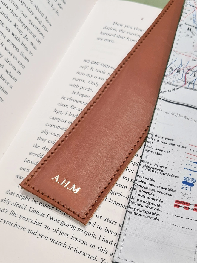 natthakur war silk map leather bookmark in tan