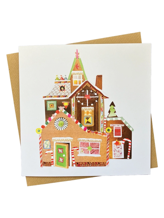 Wobbly gingerbread mansion christmas card and envelope 