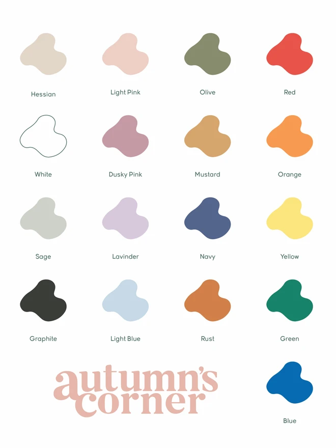 Autumn's Corner colour chart. Beautiful colours to create a bespoke colourway for your bookshelves.
