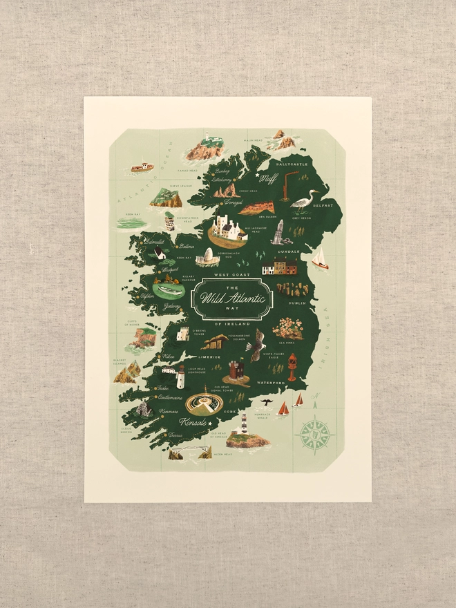 Wild Atlantic Way Map Print Framed on a wall unframed against a neutral background