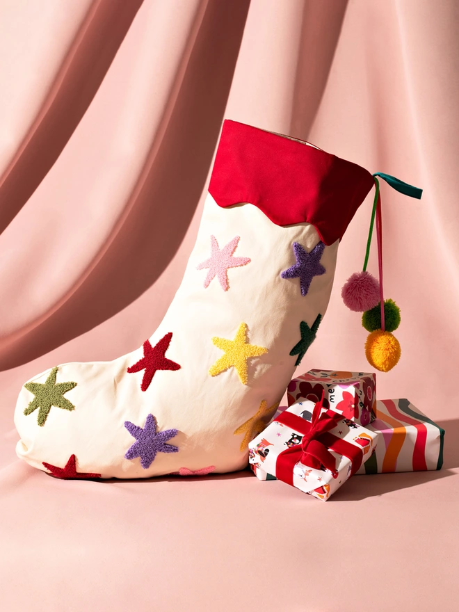 Colourful Tufted Stars Christmas Stocking | Raspberry Blossom