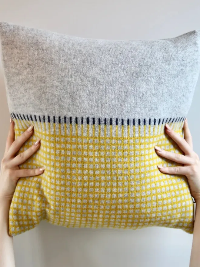 Yellow & Grey Lambswool Knitted Cushion