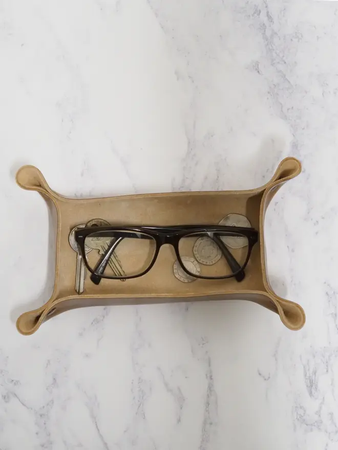 small rectangular leather glasses tray