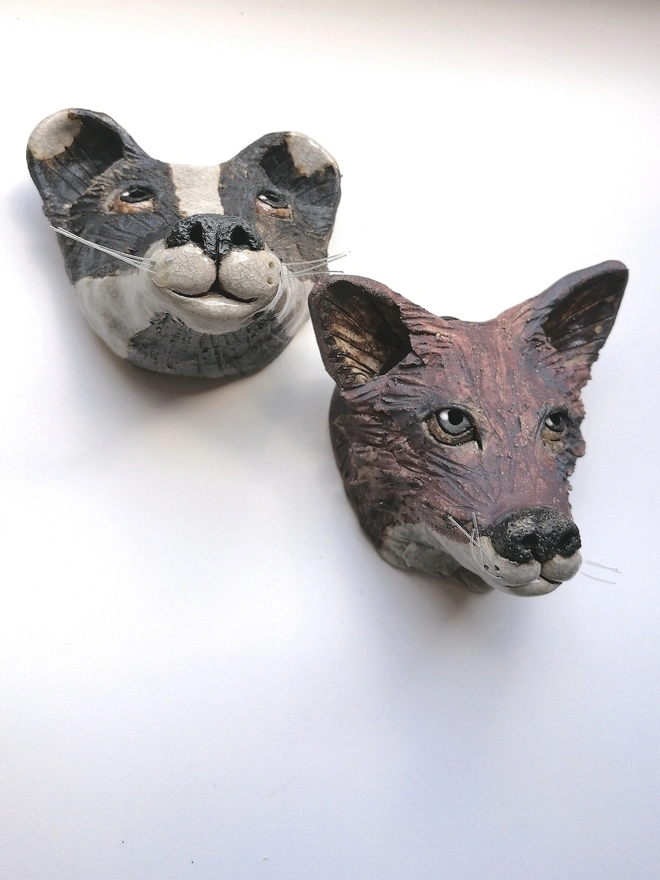Badger and Fox Head Ceramic Sculpture