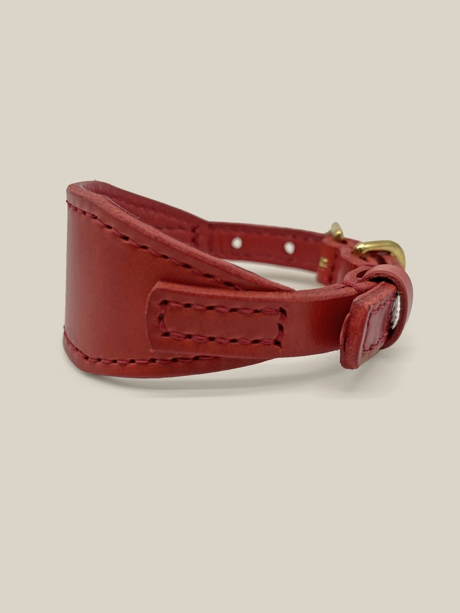 side view of red leather sighthound collar